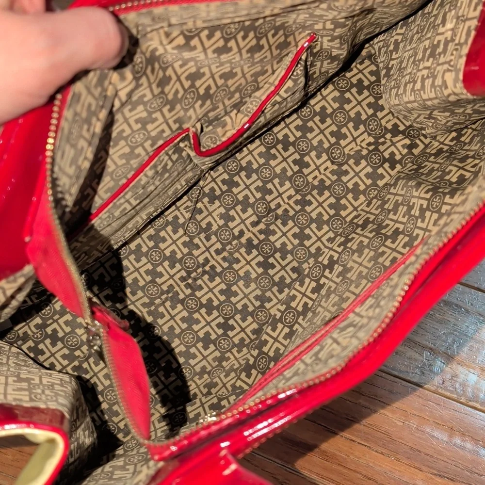 Tory Burch Ella Patent Red Yellow Perforated Tote Bag NEEDS WORK